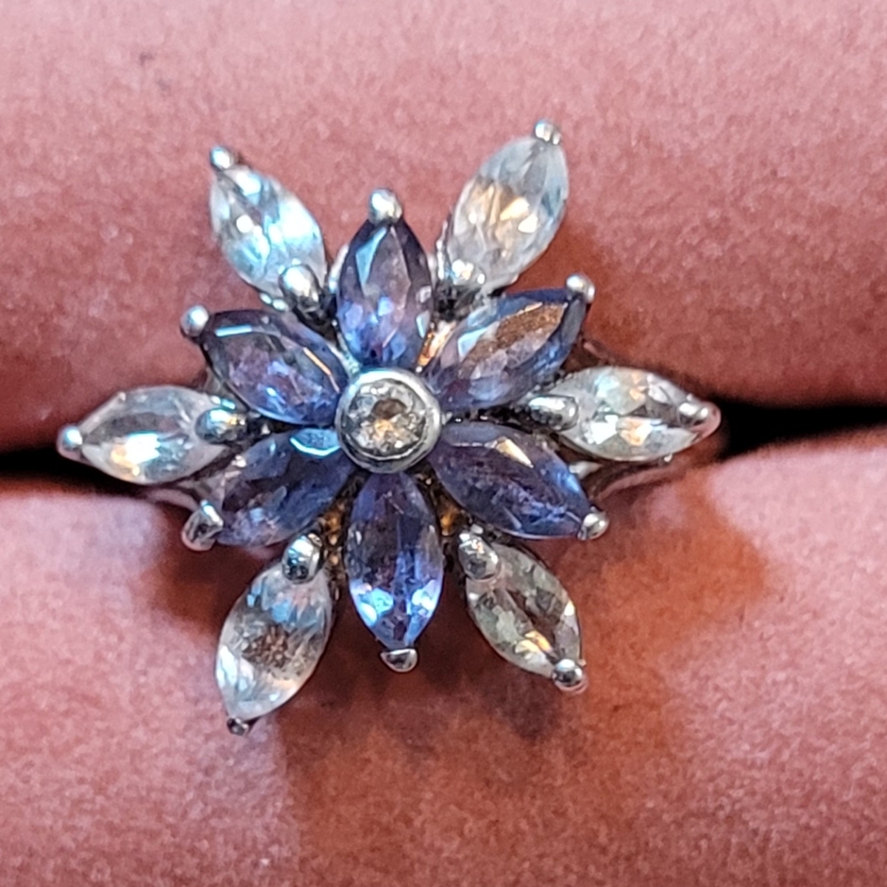 Sterling Silver and Blue Floral Ring